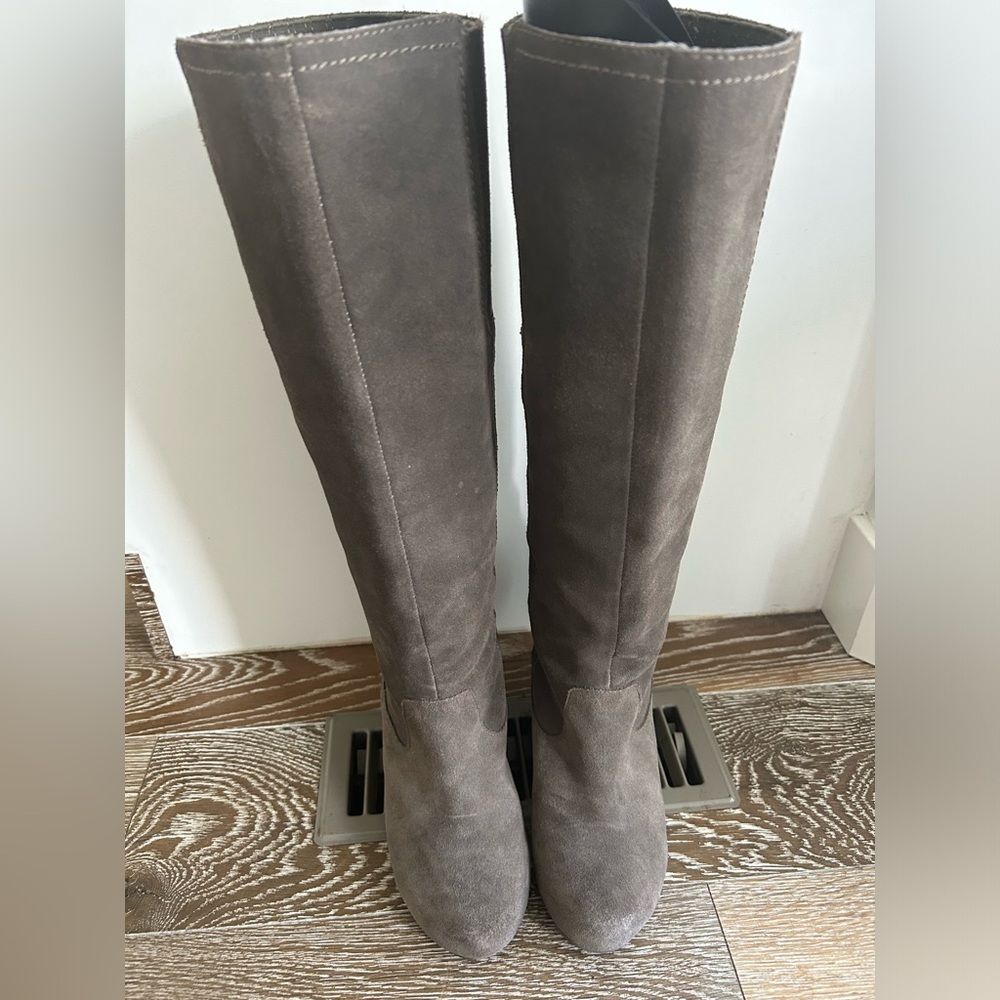 Luxury Rebel Gray Suede Wedge Knee High Boots 8